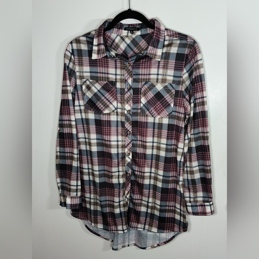 Staccato Multicolor Plaid Button Down Shirt With Hi-lo Hem And Long Sleeve SizeS
